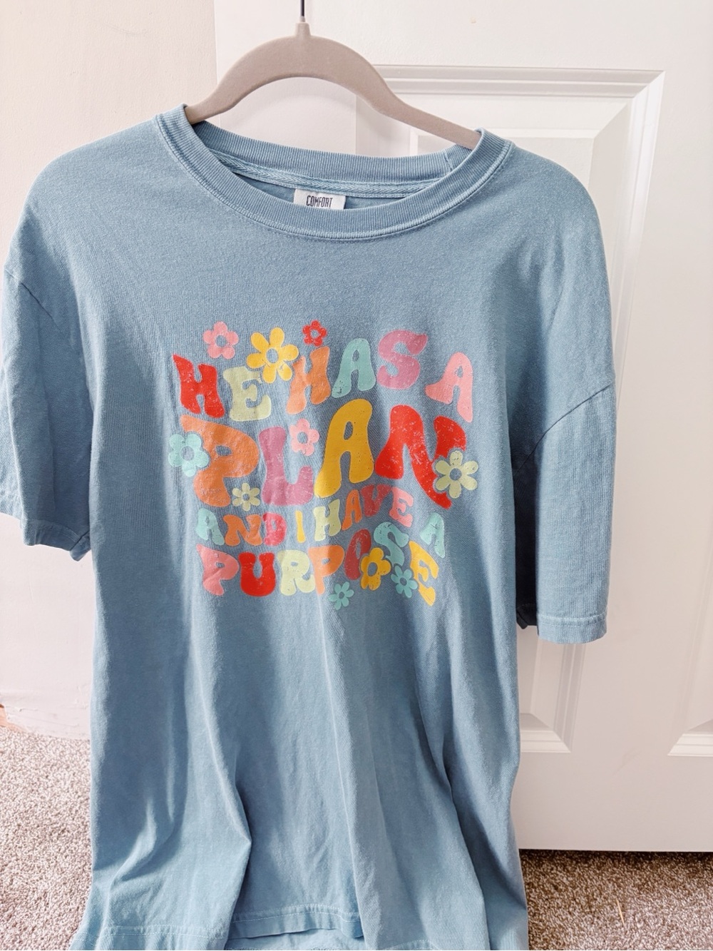 Comfort Colors Light Blue Short Sleeve Tee with Multicolor Retro Graphic